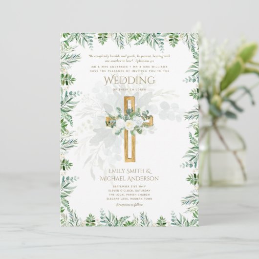 Witte Rozen Groen Christelijk Bruiloft Bijbel Vers Kaart (Staand voorkant)