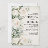 Witte Rozen Groen Elegante bruiloft Kaart (Voorkant)