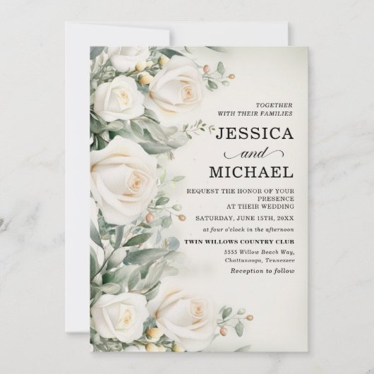 Witte Rozen Groen Elegante bruiloft Kaart (Voorkant)