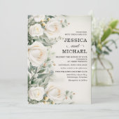 Witte Rozen Groen Elegante bruiloft Kaart (Staand voorkant)