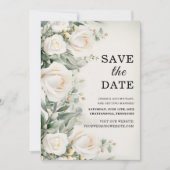 Witte Rozen Groen Elegante bruiloft Save The Date (Voorkant)