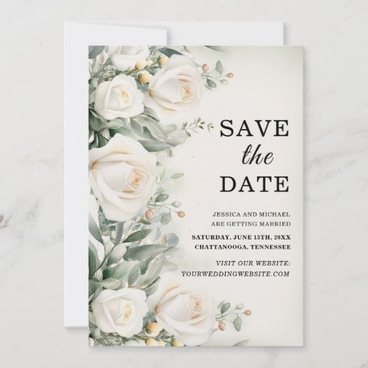 Witte Rozen Groen Elegante bruiloft Save The Date (Voorkant)