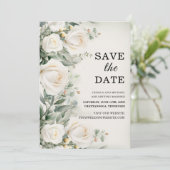 Witte Rozen Groen Elegante bruiloft Save The Date (Staand voorkant)