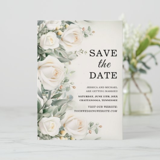 Witte Rozen Groen Elegante bruiloft Save The Date (Staand voorkant)