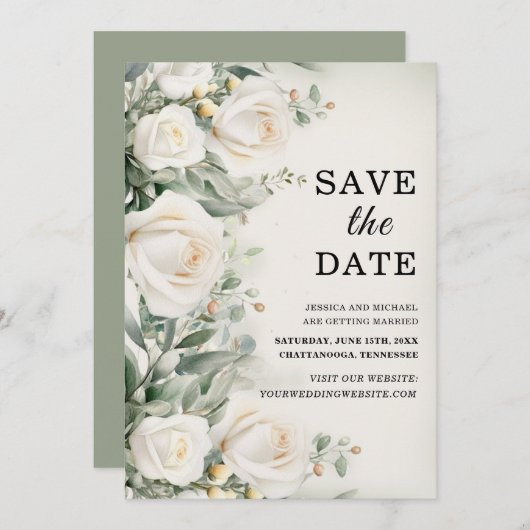 Witte Rozen Groen Elegante bruiloft Save The Date (Voorkant / Achterkant)