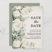 Witte rozen groen elegante trouwdag save the date (Voorkant / Achterkant)