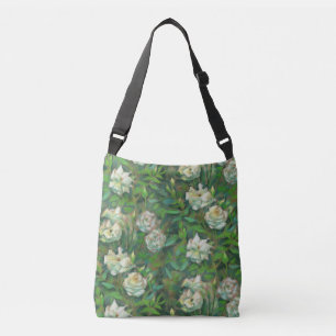 "Witte rozen, groene bladeren", bloempatroon Crossbody Tas
