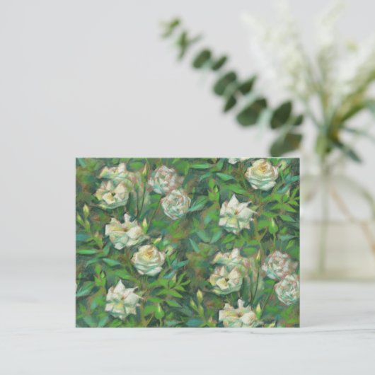 Witte rozen, groene bladeren, mooie bloemen briefkaart (Staand voorkant)
