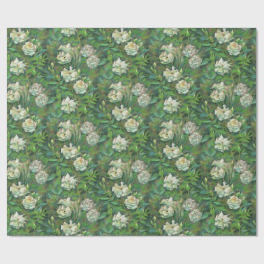 Witte rozen, groene bladeren, mooie bloemen cadeaupapier (Vlak)