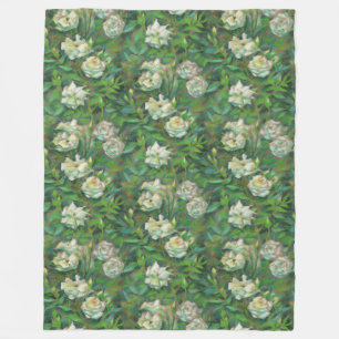 Witte rozen, groene bladeren, mooie bloemen fleece deken