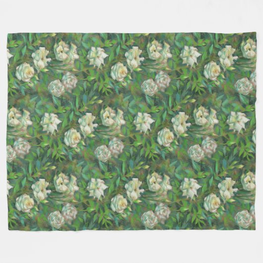 Witte rozen, groene bladeren, mooie bloemen fleece deken (Voorkant (Horizontaal))