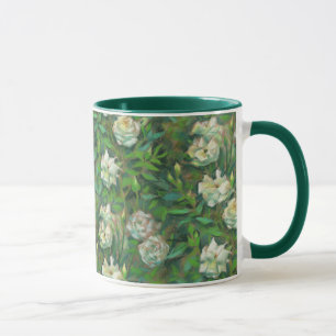 Witte rozen, groene bladeren, mooie bloemen mok