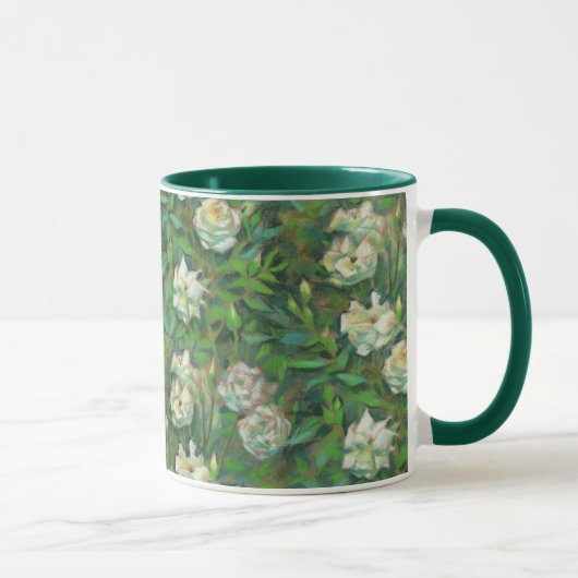 Witte rozen, groene bladeren, mooie bloemen mok (Rechts)