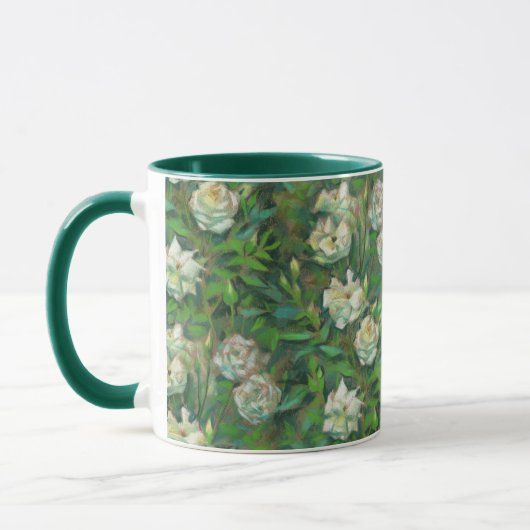Witte rozen, groene bladeren, mooie bloemen mok (Links)