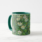 Witte rozen, groene bladeren, mooie bloemen mok (Voorkant links)