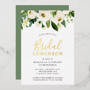 Witte Rozen Groene Bloemstuk Bruids Lunch Gold Folie Uitnodiging