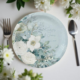Witte Rozen Hellebores Zilveren Eucalyptus Bruilof Papieren Bordje