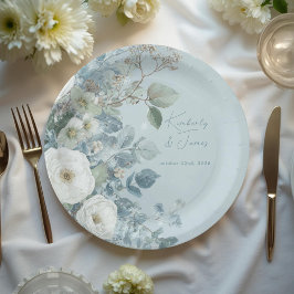 Witte Rozen Hellebores Zilveren Eucalyptus Bruilof Papieren Bordje