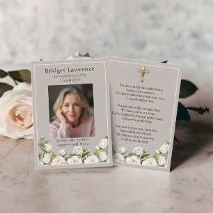 Witte Rozen Herdenkingsfoto Taupe Gebedskaart Visitekaartje