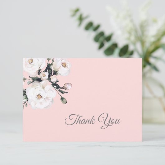 Witte Rozen Hoek Boeket | Roze Bedankkaart (Staand voorkant)