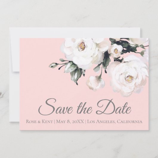 Witte Rozen Hoek Boeket | Roze Save The Date (Voorkant)