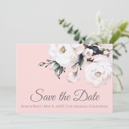 Witte Rozen Hoek Boeket | Roze Save The Date (Staand voorkant)