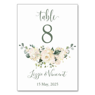 Witte rozen, hortensia, groen gebladerte Tafelnumm Kaart