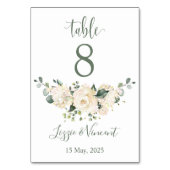 Witte rozen, hortensia, groen gebladerte Tafelnumm Kaart (Voorkant)