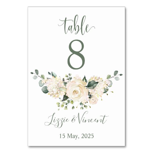 Witte rozen, hortensia, groen gebladerte Tafelnumm Kaart (Voorkant)