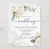 Witte rozen hortensia's groen gouden bruiloft kaart (Voorkant)