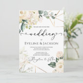 Witte rozen hortensia's groen gouden bruiloft kaart (Staand voorkant)