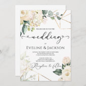 Witte rozen hortensia's groen gouden bruiloft kaart (Voorkant / Achterkant)