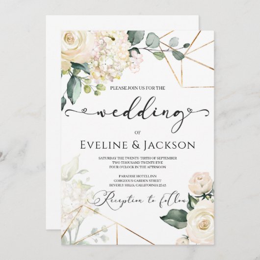 Witte rozen hortensia's groen gouden bruiloft kaart (Voorkant / Achterkant)