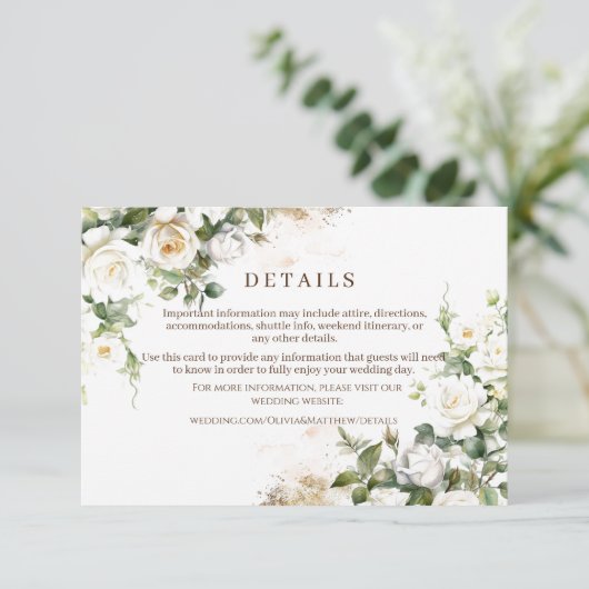 Witte Rozen Huwelijk Elegante Bloemen Informatiekaartje (Staand voorkant)