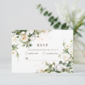 Witte Rozen Huwelijk Elegante Bloemen RSVP Kaartje (Staand voorkant)