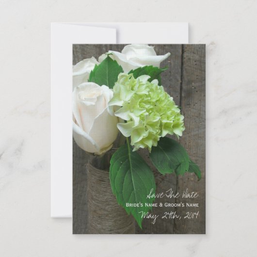 Witte rozen Hydrangea & Barnwood Opslaan Datum Save The Date (Voorkant)