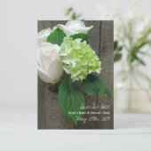 Witte rozen Hydrangea & Barnwood Opslaan Datum Save The Date (Staand voorkant)