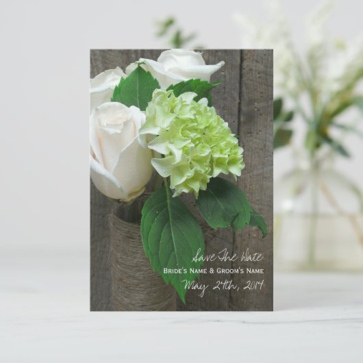 Witte rozen Hydrangea & Barnwood Opslaan Datum Save The Date (Staand voorkant)