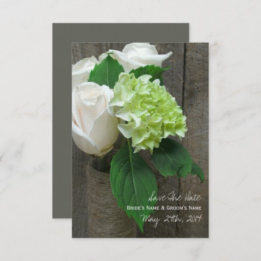 Witte rozen Hydrangea & Barnwood Opslaan Datum Save The Date (Voorkant / Achterkant)