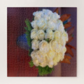 Witte rozen in een blauwe vaas legpuzzel (Horizontaal)