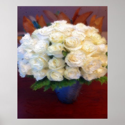 Witte rozen in een blauwe vaas poster (Voorkant)