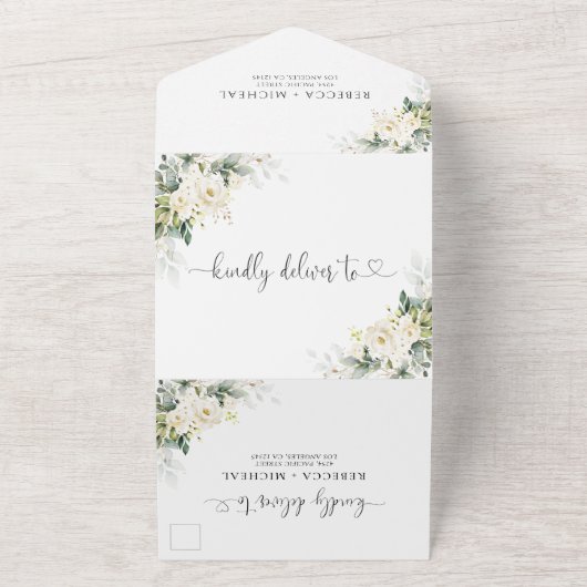 Witte rozen in één bruiloft all in one uitnodiging (Buitenkant)