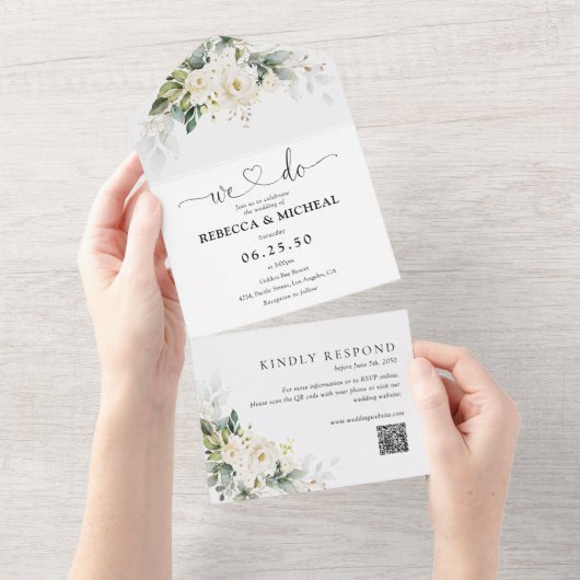 Witte rozen in één bruiloft all in one uitnodiging (Afscheurbaar)