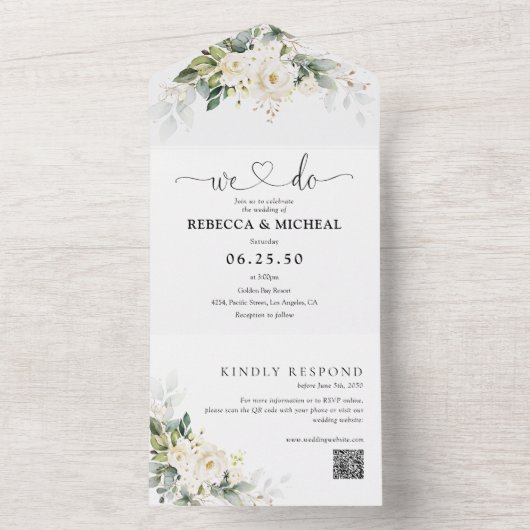 Witte rozen in één bruiloft all in one uitnodiging (Binnen)