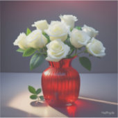 Witte rozen in een rode transparante glazen vaas sticker (Voorkant)