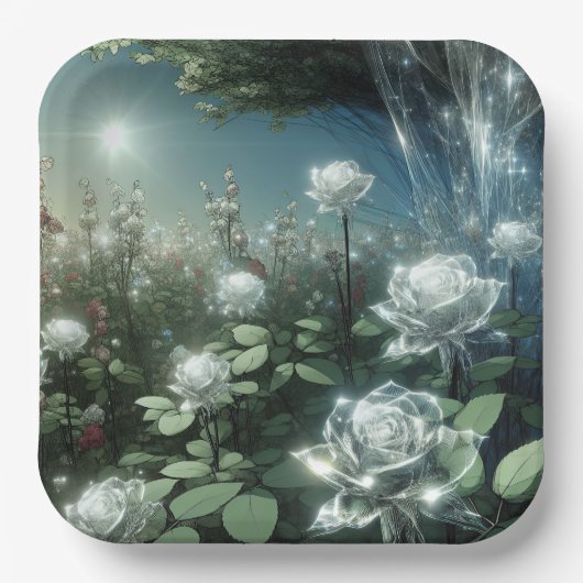 Witte rozen in magische tuin papieren bordje (Voorkant)