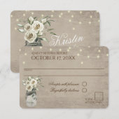 Witte rozen in pot met lichten rustieke RSVP bruil (Voorkant / Achterkant)