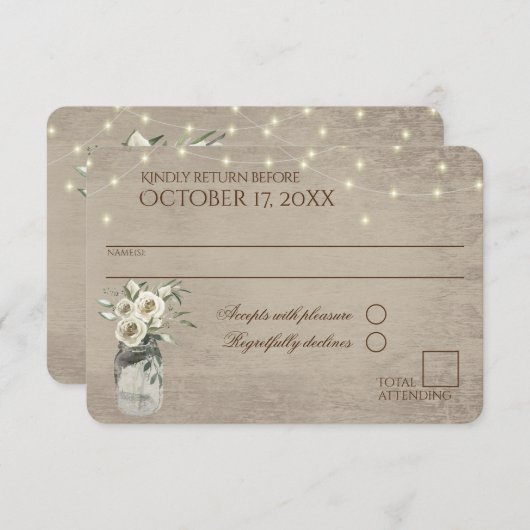 Witte rozen in pot met lichten rustieke RSVP bruil (Voorkant / Achterkant)