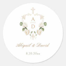 Witte Rozen Kader Religieuze Trouwdag Ronde Sticker