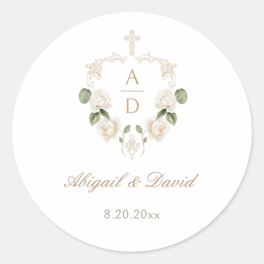 Witte Rozen Kader Religieuze Trouwdag Ronde Sticker (Voorkant)